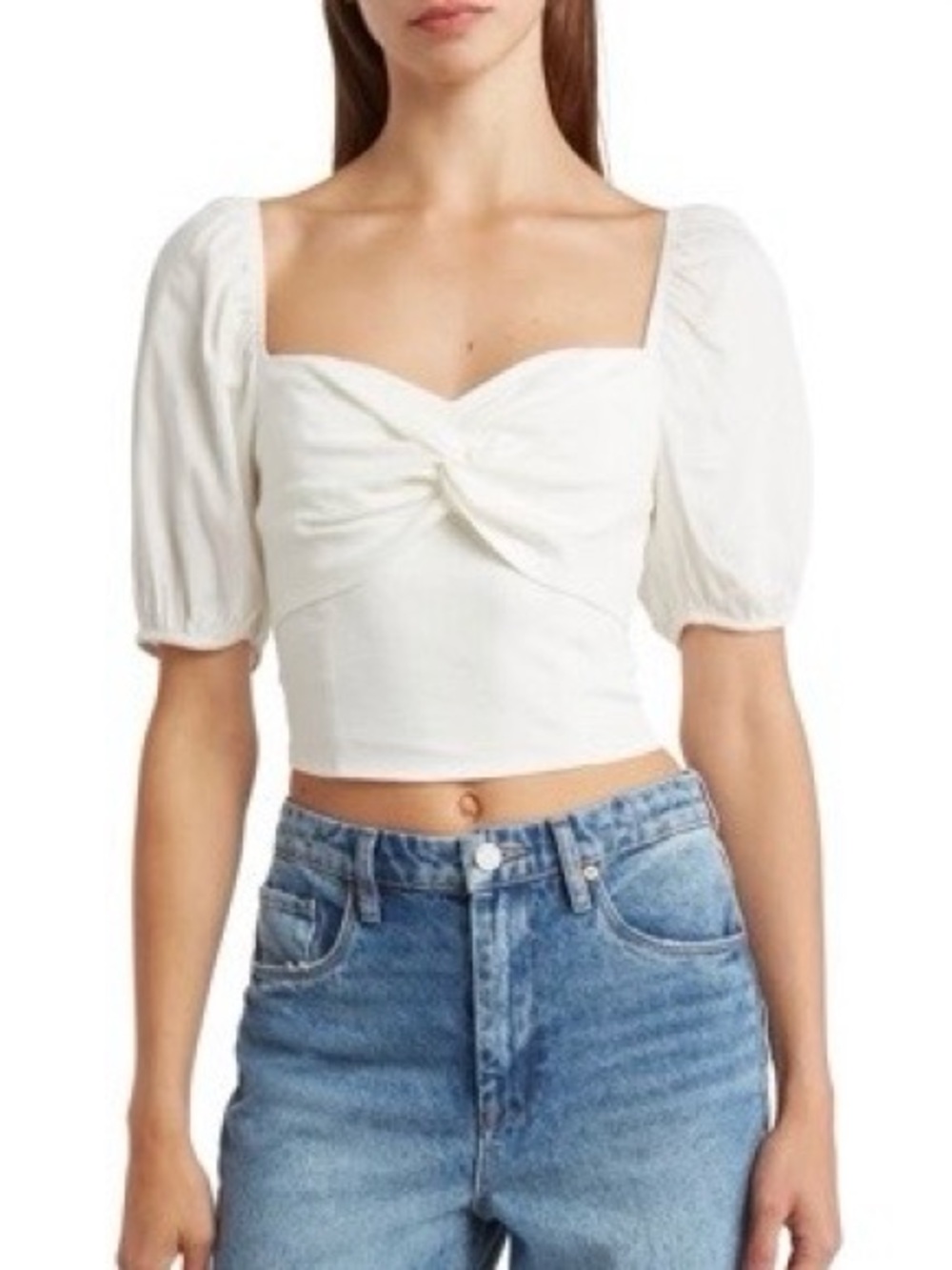 Elodie NWT Twist Front Puff Sleeve Crop Top White Size M